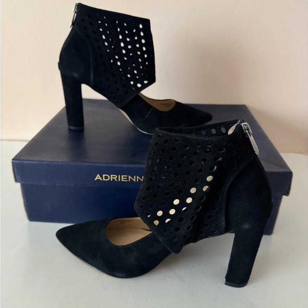 Adrienne Vittadini Nobbe Black Suede Heels with zipper. Size: 7.5